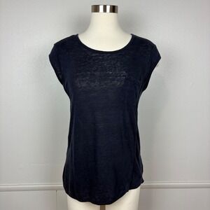 Athleta Newport Linen Pocket Tee Shirt Size S Navy Blue Cap Sleeve Nautical Vibe